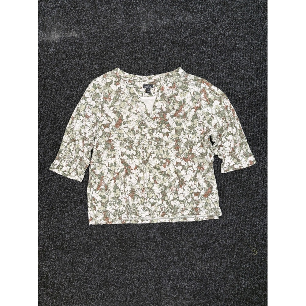 Erika Women 2X Floral Abstract Print Rhinestone Accent 3/4 Sleeve Knit Top Green